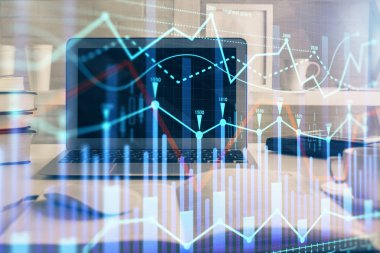 Eski pazar grafiği hologramı ve kişisel bilgisayar geçmişi. Çifte maruziyet. Yatırım kavramı.