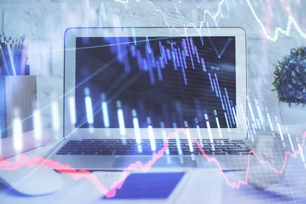 Forex grafhologram på bord med datorbakgrund. Multiexponering. Begreppet finansiella marknader. — Stockfoto
