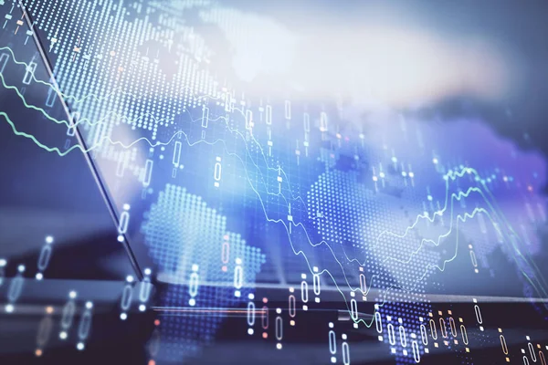 Bilgisayar geçmişi olan eski grafik hologramı. Çoklu maruz kalma. Finans piyasası kavramı.