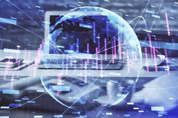 Double exposure of forex chart and work space with computer. Concept of international online trading. — Stock Photo, Image