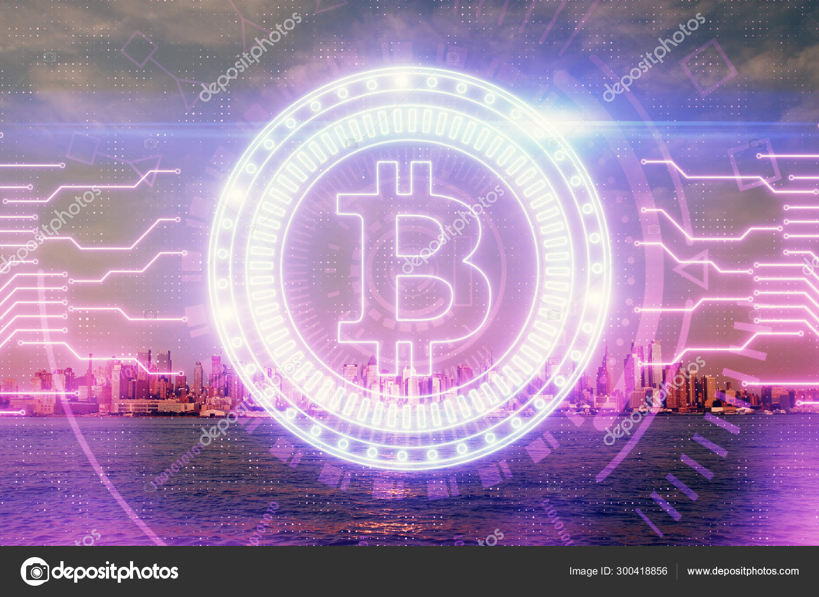 Double exposure of crypto currency theme hologram drawing and city veiw  background. Concept of blockchain and bitcoin. — Stock Editorial Photo ©  peshkova #300418856