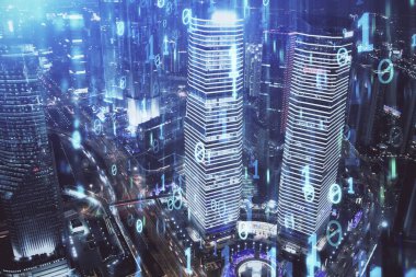 Veri temalı hologram gökdelenler arka planda çoklu pozlama ile şehir görünümüne çizim yapıyor. Ai kavramı.