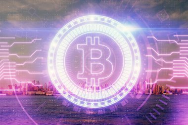 Kripto para birimi temalı hologram çizimi ve şehrin veiw arka planına çift pozlama. Engelleme zinciri ve bitcoin kavramı.