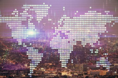 İş temalı hologram çizimine ve şehrin arka planına çifte maruz kalma. Başarı kavramı.