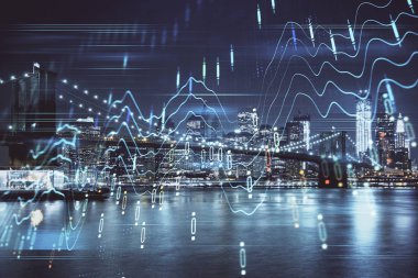 Yüksek binalar arka plan çok pozlama ile gece şehir scape mali grafik. Analiz kavramı.