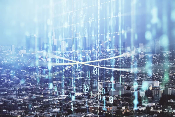 Veri temalı hologram gökdelenlerin arka planında çift pozlama ile şehir görünümüne çizim yapıyor. Teknoloji konsepti.