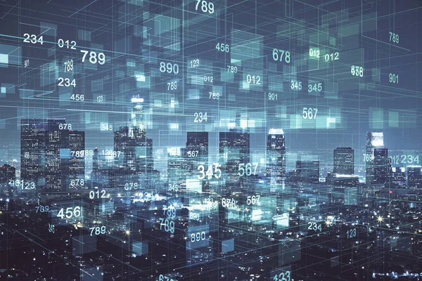 Veri temalı hologram gökdelenlerin arka planında çift pozlama ile şehir görünümüne çizim yapıyor. Ai kavramı.