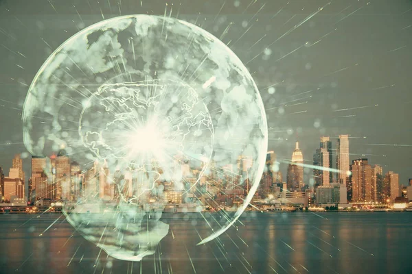 Double exposure of business theme hologram drawing and city veiw background. Concept of success. — Stock Photo, Image