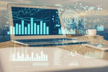 Finansal grafik renkli çizimler ve arka planda bilgisayar olan tablolar. Çoklu maruz kalma. Uluslararası pazarlar kavramı.