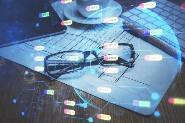 Holograma de tecnología de datos con gafas sobre el fondo de la mesa. Concepto de tecnología. Doble exposición. — Foto de Stock