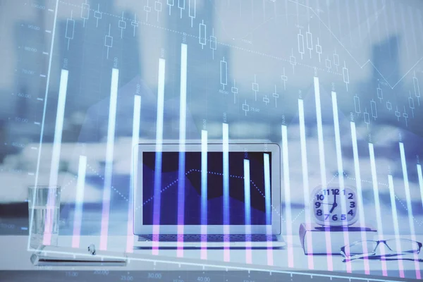 Forex graph hologram on table with computer background. Multi exposure. Concept of financial markets. — Stock Photo, Image