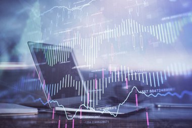 Eski pazar grafiği hologramı ve kişisel bilgisayar geçmişi. Çifte maruziyet. Yatırım kavramı.