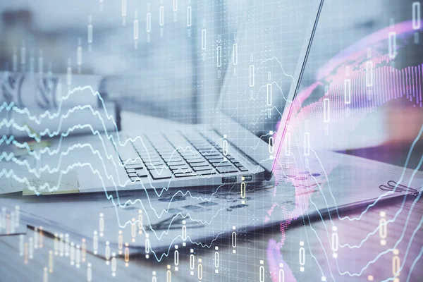 Stock market graph and table with computer background. Double exposure. Concept of financial analysis. — Stock Photo, Image