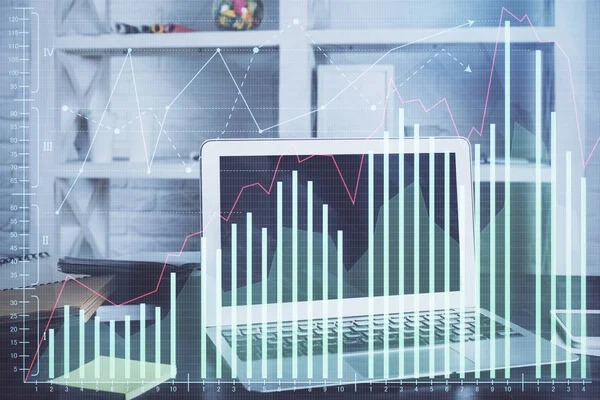 Financiële grafiek kleurrijke tekening en tabel met computer op de achtergrond. Dubbele belichting. Begrip internationale markten. — Stockfoto