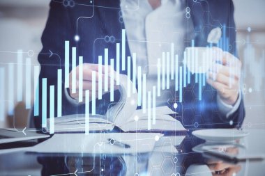 Borsa forex grafik ile kahve ile işadamı çift pozlama.