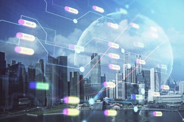 Şehir görünümünde harita ve veri temalı hologram ile gökdelenler arka planda çift pozlama. İş kavramında uluslararası teknoloji.