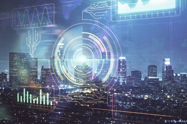 Veri temalı hologram gökdelenlerin arka planında çift pozlama ile şehir görünümüne çizim yapıyor. Ai kavramı.