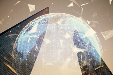 İş temalı hologram çizimine ve şehrin arka planına çifte maruz kalma. Başarı kavramı.