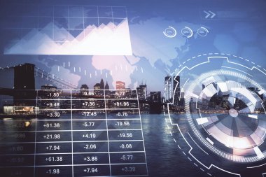 Yüksek binalar arka plan çift pozlama ile gece şehir scape mali grafik. Analiz kavramı.