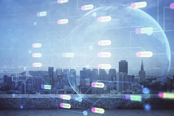 Veri temalı hologram gökdelenlerin arka planında çift pozlama ile şehir görünümüne çizim yapıyor. Teknoloji konsepti.