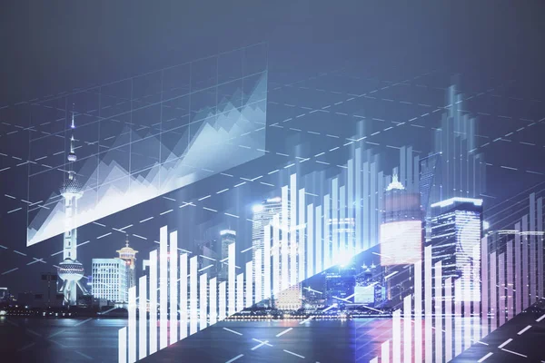 Yüksek binalar arka plan çift pozlama ile gece şehir scape mali grafik. Analiz kavramı.