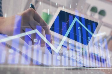 Finansal Forex grafiği el notları arka plan alarak çizilmiş. Araştırma kavramı. Çift Pozlama