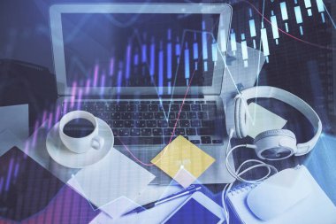 Eski pazar grafiği hologramı ve kişisel bilgisayar geçmişi. Çoklu maruz kalma. Yatırım kavramı.