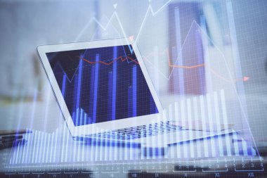 Eski pazar grafiği hologramı ve kişisel bilgisayar geçmişi. Çifte maruziyet. Yatırım kavramı.