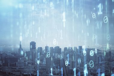 Veri temalı hologram gökdelenlerin arka planında çift pozlama ile şehir görünümüne çizim yapıyor. Teknoloji konsepti.