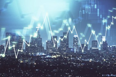 Yüksek binaların arka planında çoklu pozlama olan eski şehir haritası. Finansal araştırma kavramı.