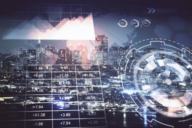 Yüksek binalar arka plan çift pozlama ile gece şehir scape mali grafik. Analiz kavramı.