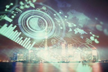 İş temalı hologram çizimine ve şehrin arka planına çifte maruz kalma. Başarı kavramı.