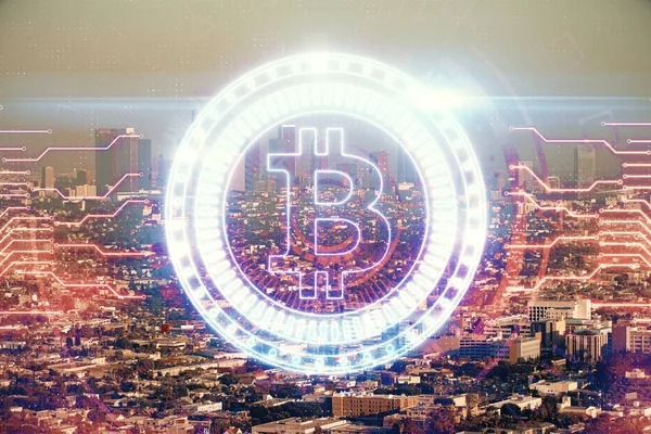 Doppelbelichtung der Kryptowährung Thema Hologrammzeichnung und Stadt veiw Hintergrund. Konzept von Blockchain und Bitcoin. — Stockfoto