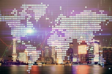 İş temalı hologram çizimine ve şehrin arka planına çifte maruz kalma. Başarı kavramı.