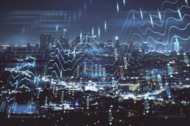 Yüksek binalar arka plan çok pozlama ile gece şehir scape mali grafik. Analiz kavramı.