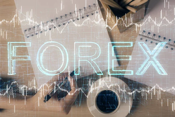 Forex grafik huds ile notlar yapma ellerin çoklu pozlama. Borsa konsepti.