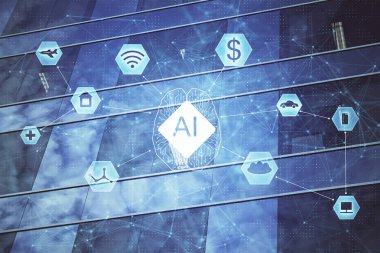 Veri temalı hologram gökdelenler arka planda çoklu pozlama ile şehir görünümüne çizim yapıyor. Büyük veri kavramı.