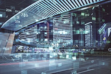 Veri temalı hologram gökdelenler arka planda çoklu pozlama ile şehir görünümüne çizim yapıyor. Büyük veri kavramı.