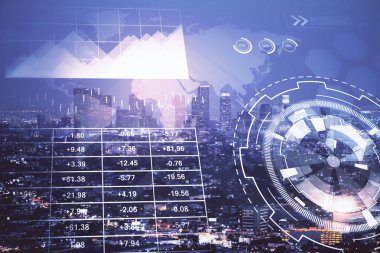 Yüksek binalar arka plan çift pozlama ile gece şehir scape mali grafik. Analiz kavramı.