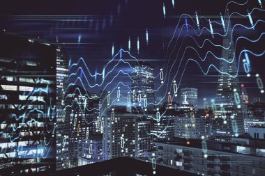 Yüksek binalar arka plan çok pozlama ile gece şehir scape mali grafik. Analiz kavramı.