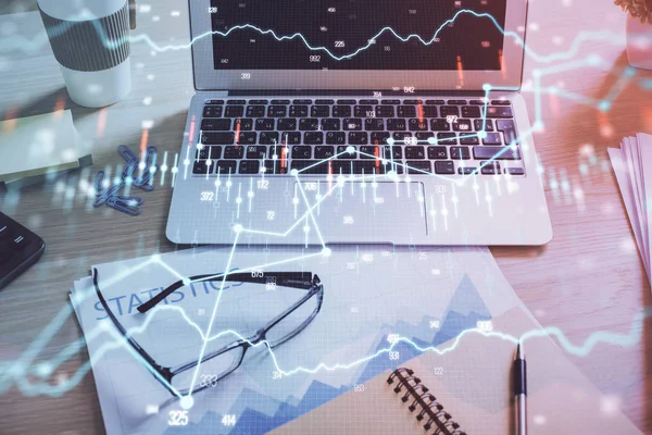 Financial graph colorful drawing and table with computer on background. Multi exposure. Concept of international markets. — Stock Photo, Image