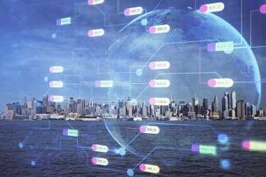 Veri temalı hologram gökdelenlerin arka planında çift pozlama ile şehir görünümüne çizim yapıyor. Teknoloji konsepti.