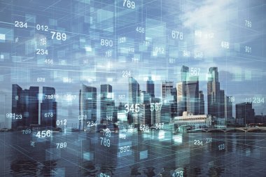 Veri temalı hologram gökdelenler arka planda çoklu pozlama ile şehir görünümüne çizim yapıyor. Büyük veri kavramı.