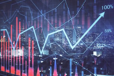 Yüksek binalar arka plan çok pozlama ile gece şehir scape mali grafik. Analiz kavramı.