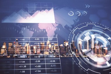 Yüksek binalar arka plan çift pozlama ile gece şehir scape mali grafik. Analiz kavramı.