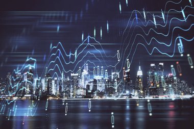 Yüksek binalar arka plan çok pozlama ile gece şehir scape mali grafik. Analiz kavramı.