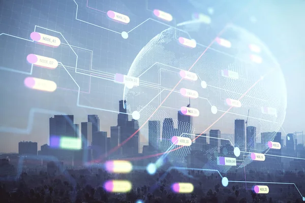 Mapa y datos tema holograma en vista de la ciudad con rascacielos fondo doble exposición. Tecnología internacional en concepto de negocio. — Foto de Stock