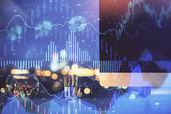 Financial graph colorful drawing and table with computer on background. Multi exposure. Concept of international markets. — Stock Photo, Image