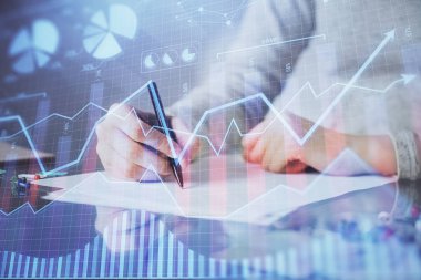 Hands Not defteri hisse senedi piyasası hakkında bilgi yazma. Ön Forex grafik hologramlar. Araştırma kavramı. Çoklu pozlama