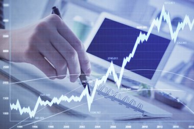 Finansal Forex grafiği el notları arka plan alarak çizilmiş. Araştırma kavramı. Çoklu pozlama